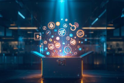 A glowing digital toolbox filled with marketing icons and AI tools, symbolizing the essential resources every content marketer needs to succeed in 2025.