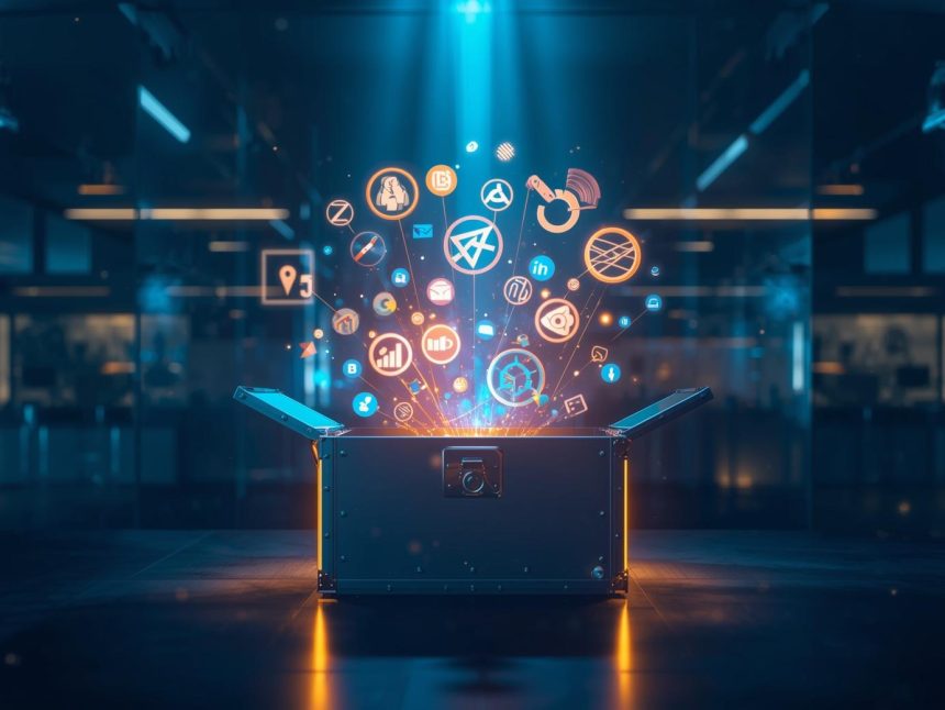 A glowing digital toolbox filled with marketing icons and AI tools, symbolizing the essential resources every content marketer needs to succeed in 2025.