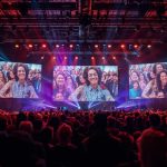 A hybrid event where in-person and virtual attendees interact seamlessly, symbolizing deeper customer connections through technology.