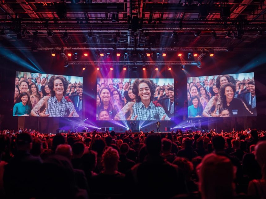 A hybrid event where in-person and virtual attendees interact seamlessly, symbolizing deeper customer connections through technology.