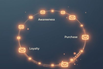 A marketer using lifecycle email automation to send personalized messages at optimal times, symbolizing smart, customer-focused communication.