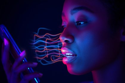 A person speaking into a smartphone with glowing sound waves transforming into search results, symbolizing voice search optimization.