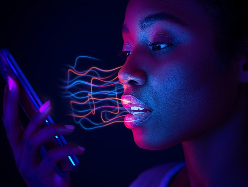 A person speaking into a smartphone with glowing sound waves transforming into search results, symbolizing voice search optimization.