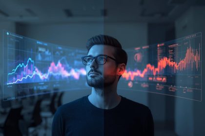 A digital marketer using predictive analytics and smart CRM tools to generate real-time marketing results, symbolizing data-driven foresight and instant action.