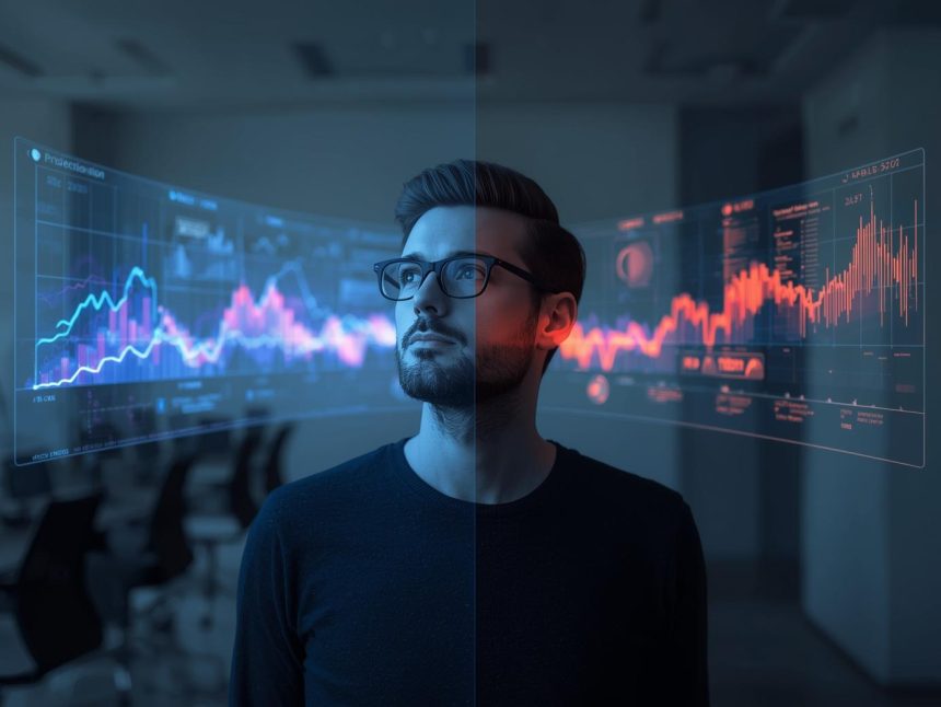 A digital marketer using predictive analytics and smart CRM tools to generate real-time marketing results, symbolizing data-driven foresight and instant action.