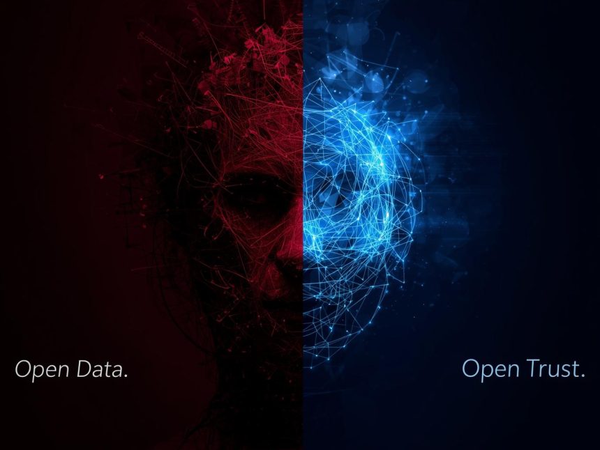 Marketer using transparent and ethical data practices to protect user privacy, symbolized by a glowing digital shield of trust and transparency.