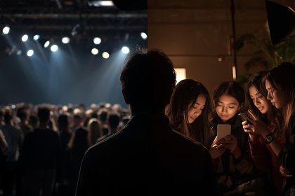 Split-screen showing a micro influencer engaging closely with followers and a macro influencer addressing a large crowd, symbolizing the balance between trust and reach in influencer marketing.