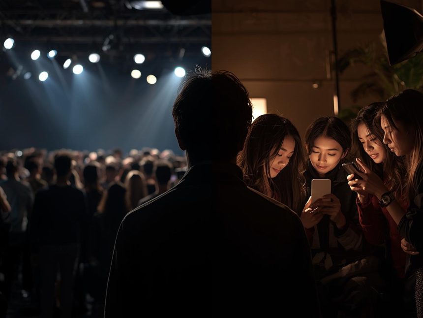 Split-screen showing a micro influencer engaging closely with followers and a macro influencer addressing a large crowd, symbolizing the balance between trust and reach in influencer marketing.