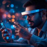 A person using voice and visual search through a holographic interface, showing the convergence of voice, image, and AI-driven search technology.