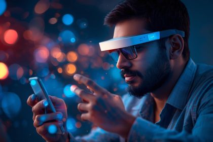 A person using voice and visual search through a holographic interface, showing the convergence of voice, image, and AI-driven search technology.