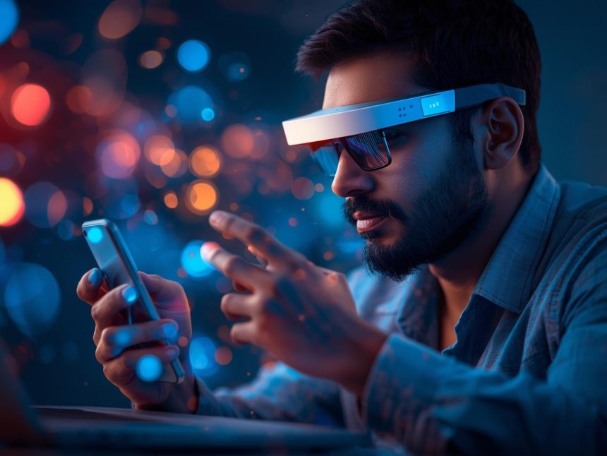 A person using voice and visual search through a holographic interface, showing the convergence of voice, image, and AI-driven search technology.