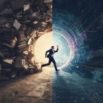 A marketer looks toward a glowing digital 2025 horizon filled with AI, video, and social media icons, symbolizing the future of content marketing trends.