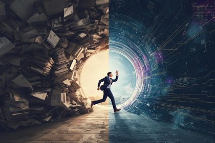 A marketer looks toward a glowing digital 2025 horizon filled with AI, video, and social media icons, symbolizing the future of content marketing trends.