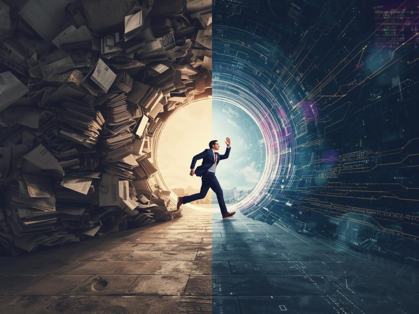 A marketer looks toward a glowing digital 2025 horizon filled with AI, video, and social media icons, symbolizing the future of content marketing trends.