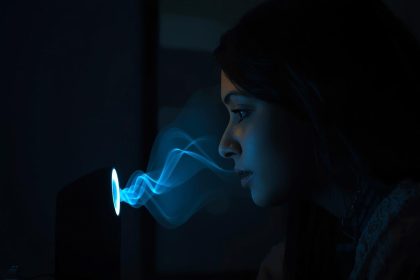 A person speaking to a voice assistant while data streams visually from their voice, representing privacy and trust concerns in AI-powered voice interactions.