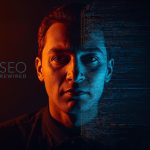 Digital marketer standing before a glowing AI brain connected to search results, symbolizing how artificial intelligence and machine learning are reshaping SEO in 2025.