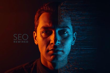 Digital marketer standing before a glowing AI brain connected to search results, symbolizing how artificial intelligence and machine learning are reshaping SEO in 2025.