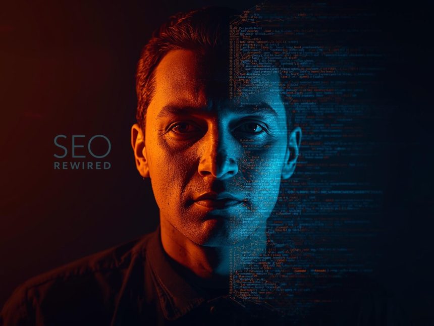 Digital marketer standing before a glowing AI brain connected to search results, symbolizing how artificial intelligence and machine learning are reshaping SEO in 2025.