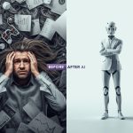 Digital marketer amazed by AI automating PPC advertising, with holographic dashboards displaying bids, ad creatives, and performance metrics.