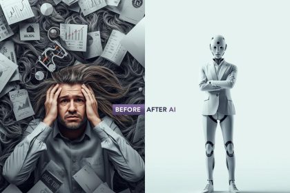 Digital marketer amazed by AI automating PPC advertising, with holographic dashboards displaying bids, ad creatives, and performance metrics.