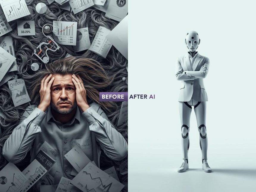 Digital marketer amazed by AI automating PPC advertising, with holographic dashboards displaying bids, ad creatives, and performance metrics.