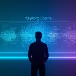 Two glowing AI robots analyzing a holographic keyword dashboard, symbolizing the competition among AI-powered keyword research tools for SEO insights in 2025.