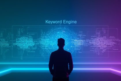 Two glowing AI robots analyzing a holographic keyword dashboard, symbolizing the competition among AI-powered keyword research tools for SEO insights in 2025.