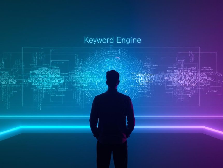 Two glowing AI robots analyzing a holographic keyword dashboard, symbolizing the competition among AI-powered keyword research tools for SEO insights in 2025.