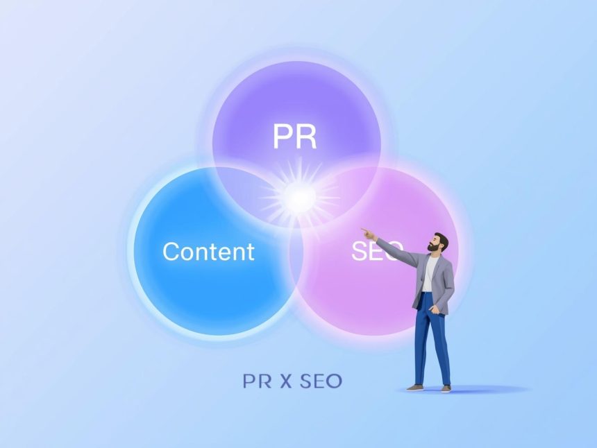 Digital marketer surrounded by connected icons representing PR, influencers, and backlinks, symbolizing off-page SEO and multichannel integration for authority building.