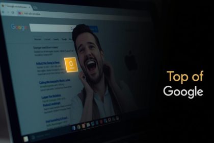 Digital marketer pointing at a glowing featured snippet result above Google listings, symbolizing optimization for zero-click search visibility and position-zero dominance.