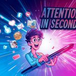 A creator capturing audience attention with fast-moving short-form videos and glowing social engagement icons, symbolizing how to win attention quickly in 2025.