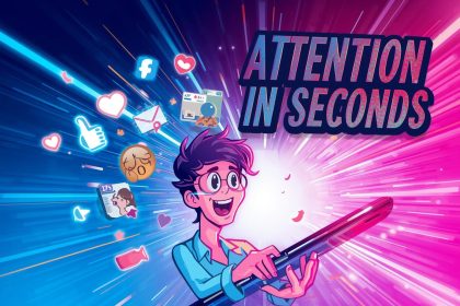 A creator capturing audience attention with fast-moving short-form videos and glowing social engagement icons, symbolizing how to win attention quickly in 2025.