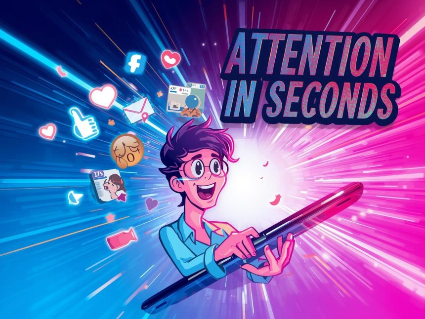 A creator capturing audience attention with fast-moving short-form videos and glowing social engagement icons, symbolizing how to win attention quickly in 2025.