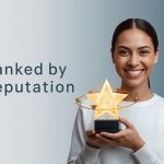 Digital marketer surrounded by glowing backlinks, media mentions, and review icons forming a halo around “E-E-A-T,” representing how off-page trust signals build brand authority and rankings.