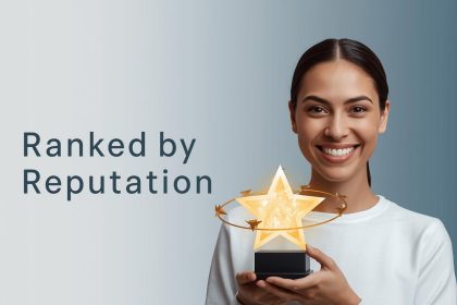 Digital marketer surrounded by glowing backlinks, media mentions, and review icons forming a halo around “E-E-A-T,” representing how off-page trust signals build brand authority and rankings.