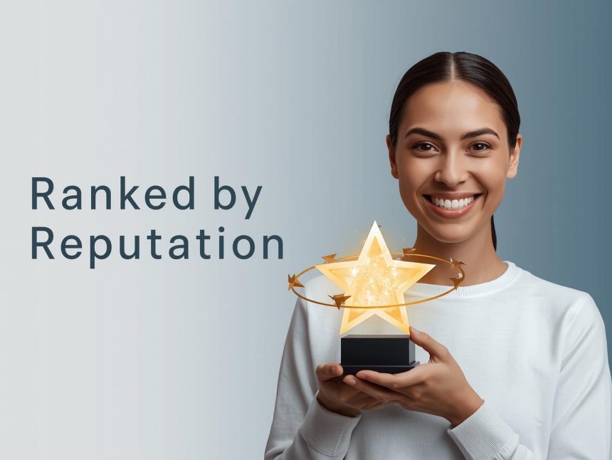 Digital marketer surrounded by glowing backlinks, media mentions, and review icons forming a halo around “E-E-A-T,” representing how off-page trust signals build brand authority and rankings.