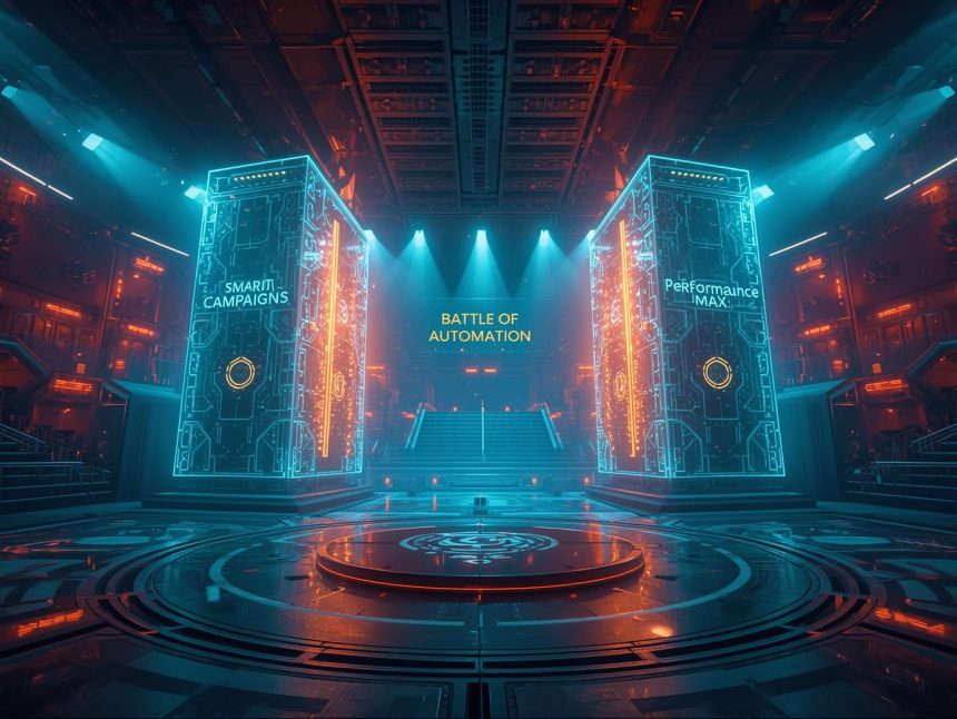 Marketer comparing Smart Campaigns and Performance Max dashboards to decide the best Google Ads automation strategy for higher ROI.