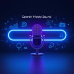 A glowing podcast microphone integrated with a search bar and soundwaves, symbolizing how optimizing for SEO helps podcasts get discovered on search engines and directories.
