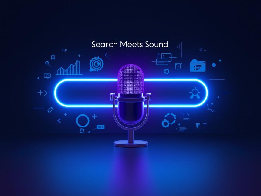 A glowing podcast microphone integrated with a search bar and soundwaves, symbolizing how optimizing for SEO helps podcasts get discovered on search engines and directories.
