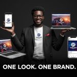 Split-screen image showing inconsistent versus consistent branding across digital and physical platforms, illustrating the power of unified visual identity.