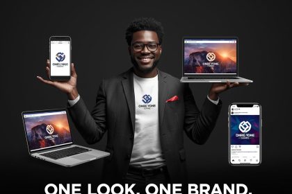 Split-screen image showing inconsistent versus consistent branding across digital and physical platforms, illustrating the power of unified visual identity.