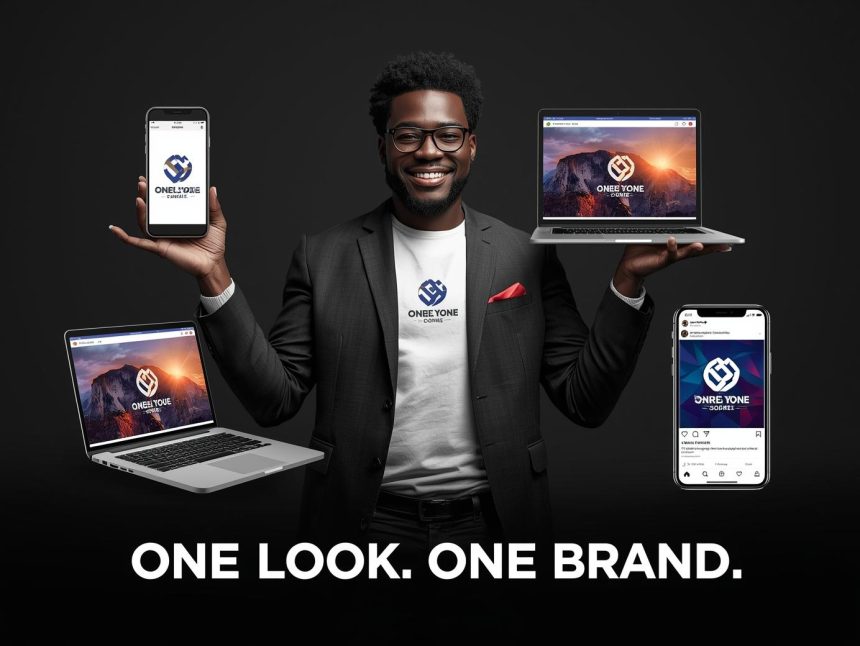 Split-screen image showing inconsistent versus consistent branding across digital and physical platforms, illustrating the power of unified visual identity.