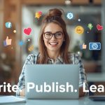 A professional marketer writing blog content surrounded by trust and engagement icons, symbolizing how thought leadership builds brand authority.
