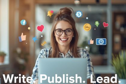 A professional marketer writing blog content surrounded by trust and engagement icons, symbolizing how thought leadership builds brand authority.
