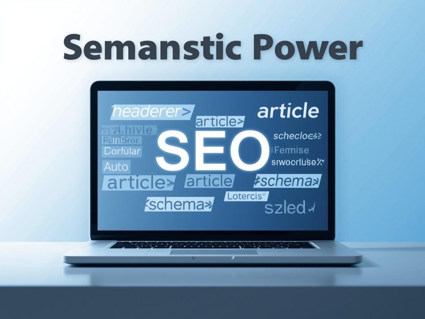 Developer examining glowing HTML and structured data transforming into search snippets, symbolizing how semantic code enhances on-page SEO performance.