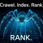 Futuristic glowing spider crawling across a digital website grid, representing search engine crawling and indexing for better SEO visibility in 2025.