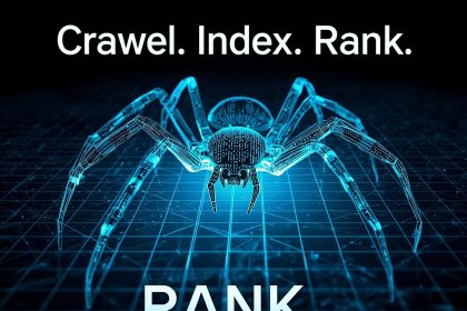 Futuristic glowing spider crawling across a digital website grid, representing search engine crawling and indexing for better SEO visibility in 2025.