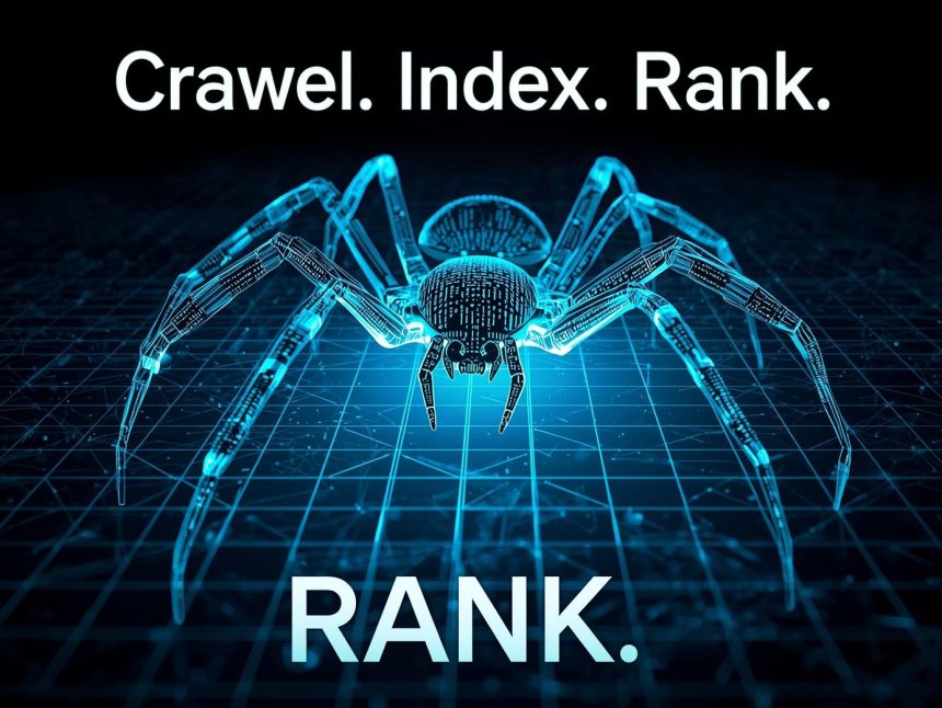 Futuristic glowing spider crawling across a digital website grid, representing search engine crawling and indexing for better SEO visibility in 2025.