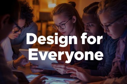 Diverse group of people, including users with disabilities, interacting with inclusive digital products designed for accessibility and usability.