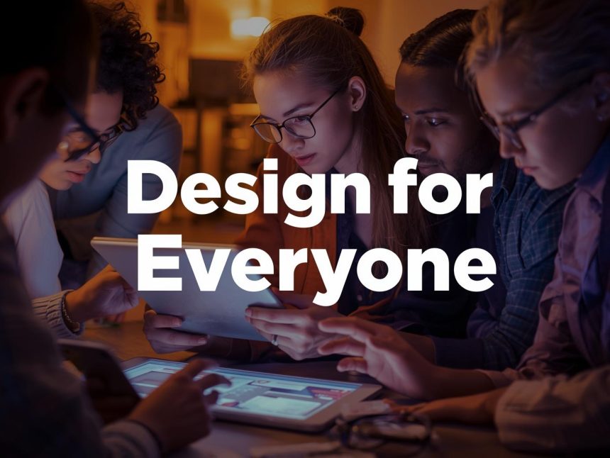 Diverse group of people, including users with disabilities, interacting with inclusive digital products designed for accessibility and usability.